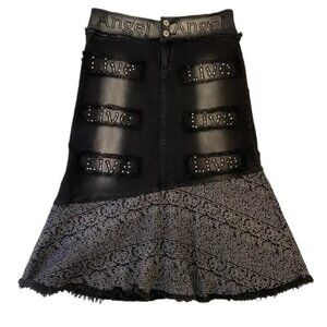 Gracia Angel skirt black denim cotton & lycra pockets graffitis crystal